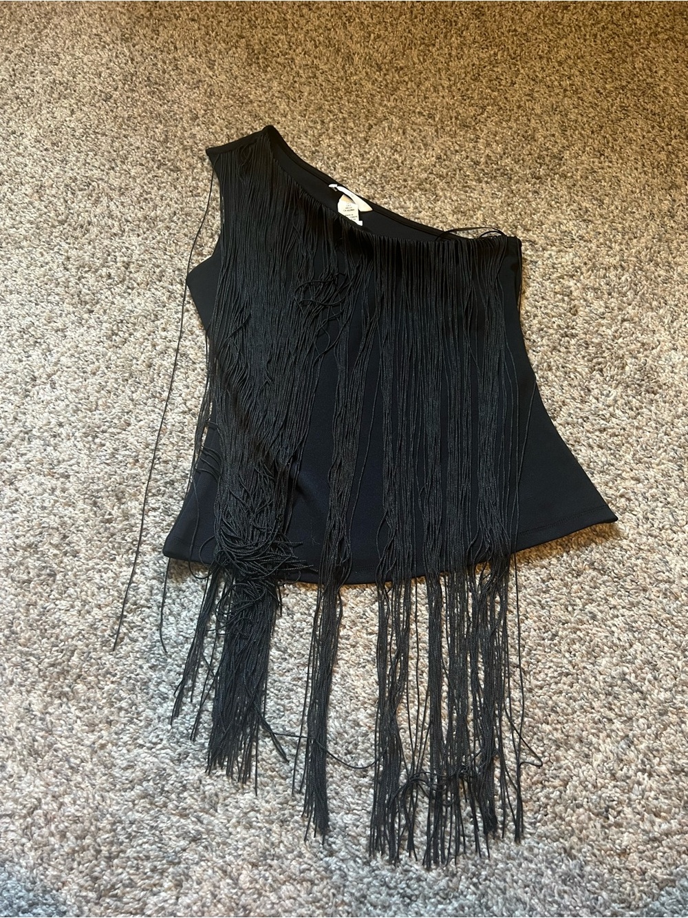 Fringe One-Shoulder Black Women’s Top